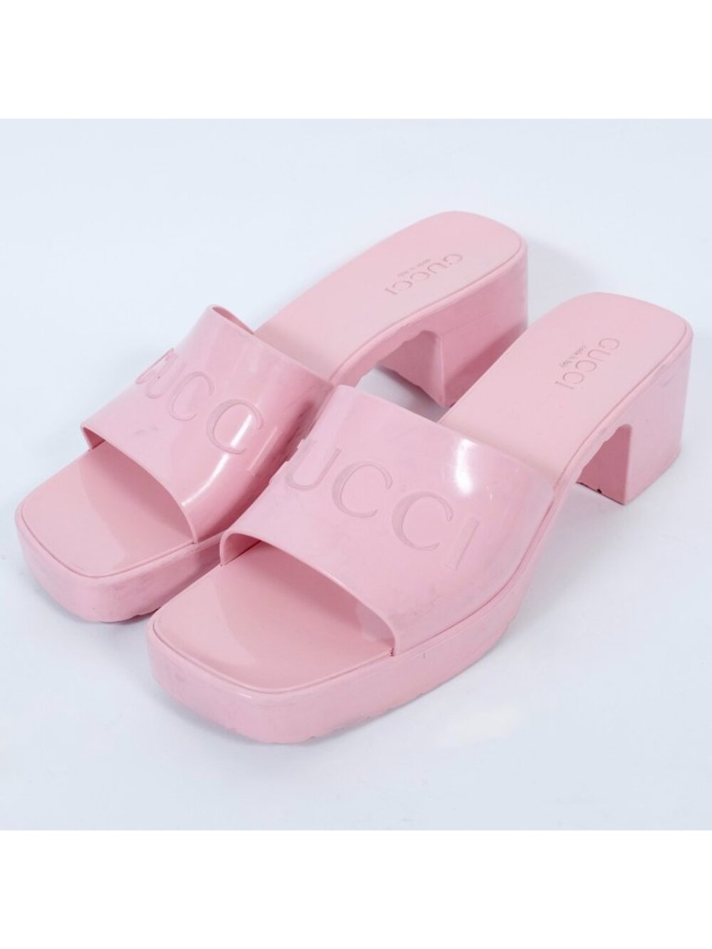 GUCCI rubber platform slides sandals 42 US 12 Pink Logo Embossed